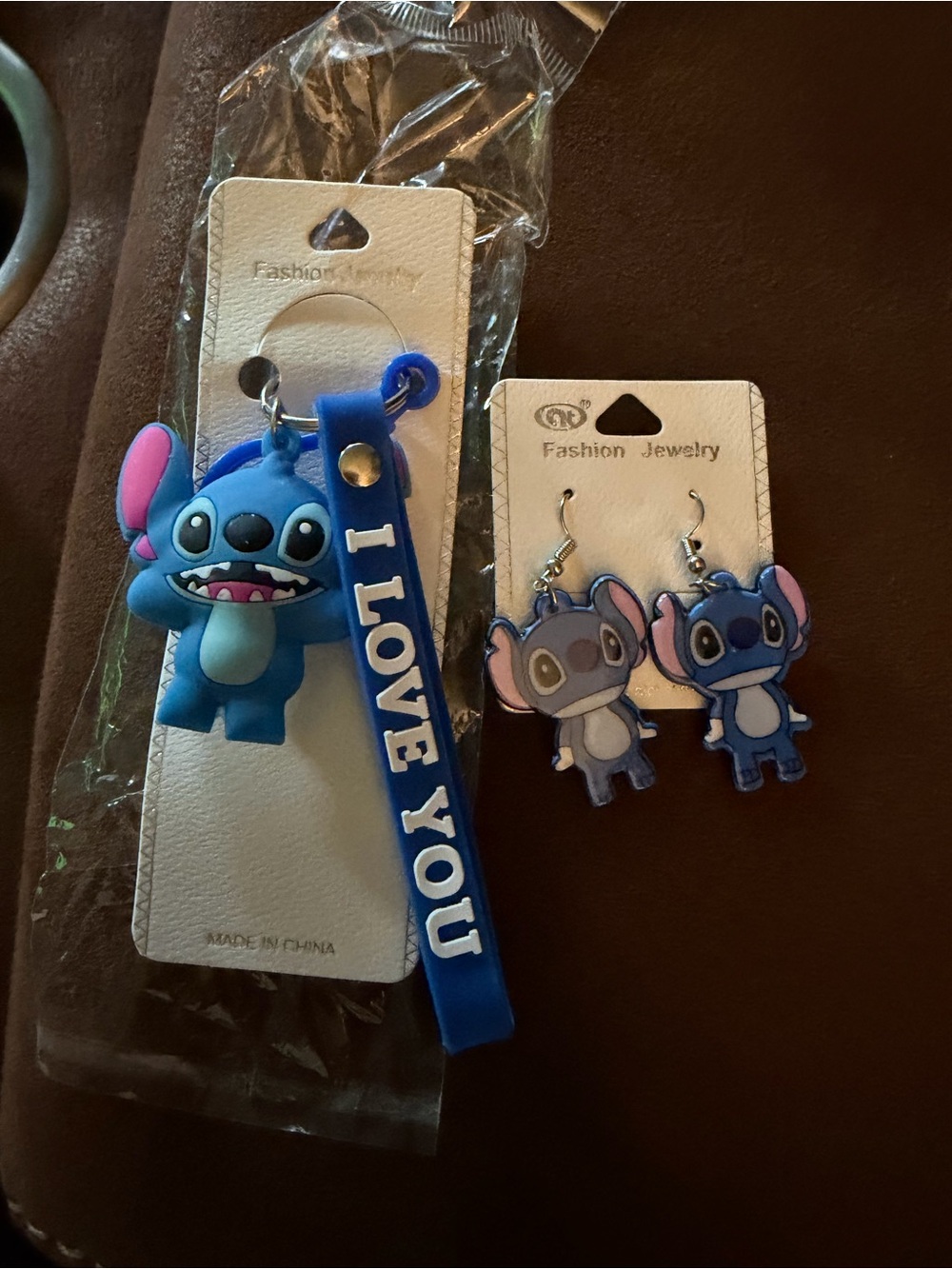 Fashion Blue Stitch Character Keychain & Earrings Set - "I LOVE YOU" Strap
